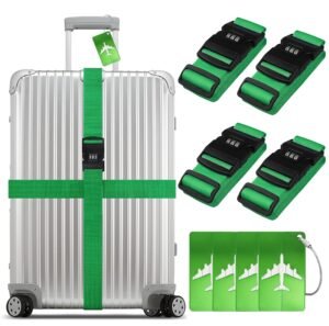 Luggage Straps and 4 Pack Luggage Tags Green